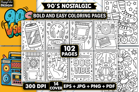 Download 90's Nostalgic Bold &amp; Easy Coloring Book - Book Collection